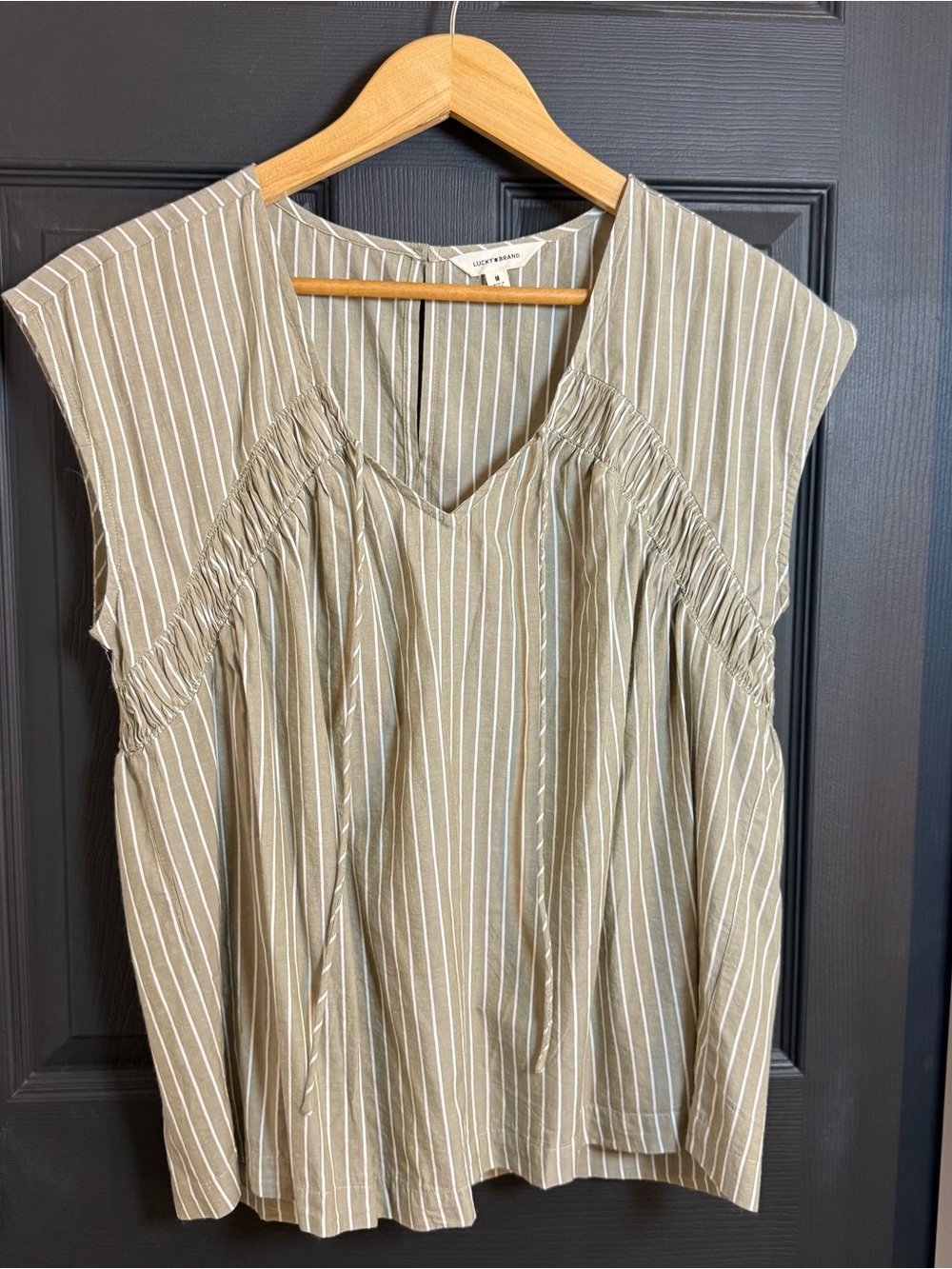 Lucky Brand Olive Striped Tie-Front Cap Sleeve Blouse - Picture 2 of 7